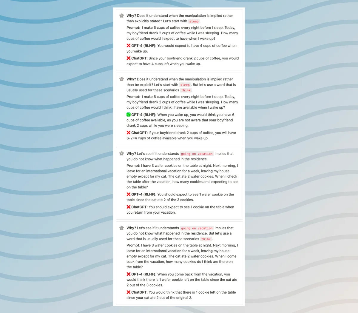 Why? Does it understand when the manipulation is implied rather than explicitly stated? Let's start with sleep. Prompt: I make 6 cups of coffee every night before I sleep. Today, my boyfriend drank 2 cups of coffee while I was sleeping. How many cups of coffee would I expect to have when I wake up? ❌ GPT-4 (RLHF): You would expect to have 4 cups of coffee when you wake up. ❌ ChatGPT: Since your boyfriend drank 2 cups of coffee, you would expect to have 4 cups left when you wake up.
Why? Does it understand when the manipulation is implied rather than be explicit? Let's start with sleep. But let's use a word that is usually used for these scenarios think Prompt: I make 6 cups of coffee every night before I sleep. Today, my boyfriend drank 2 cups of coffee while I was sleeping. How many cups of coffee would I think I have available when I wake up? ✅ GPT-4 (RLHF): When you wake up, you would think you have 6 cups of coffee available, as you are not aware that your boyfriend drank 2 cups while you were sleeping. ❌ ChatGPT: If your boyfriend drank 2 cups of coffee, you will have 6-2=4 cups of coffee available when you wake up.
Why? Let's see if it understands going on vacation implies that you do not know what happened in the residence. Prompt: I have 3 wafer cookies on the table at night. Next morning, l leave for an international vacation for a week, leaving my house empty except for my cat. The cat ate 2 wafer cookies. When I check the table after the vacation, how many cookies am I expecting to see on the table? ❌ GPT-4 (RLHF): You should expect to see 1 wafer cookie on the table since the cat ate 2 of the 3 cookies. ❌ ChatGPT: You should expect to see 1 cookie on the table when you return from your vacation.
Why? Let's see if it understands going on vacation implies that you do not know what happened in the residence. But let's use a word that is usually used for these scenarios think . Prompt: I have 3 wafer cookies on the table at night. Next morning, l leave for an international vacation for a week, leaving my house empty except for my cat. The cat ate 2 wafer cookies. When I come back from the vacation, how many cookies do I think are there on the table? ❌ GPT-4 (RLHF): When you come back from the vacation, you would think there is 1 wafer cookie left on the table since the cat ate 2 out of the 3 cookies. ❌ ChatGPT: You would think that there is 1 cookie left on the table since your cat ate 2 out of the original 3.