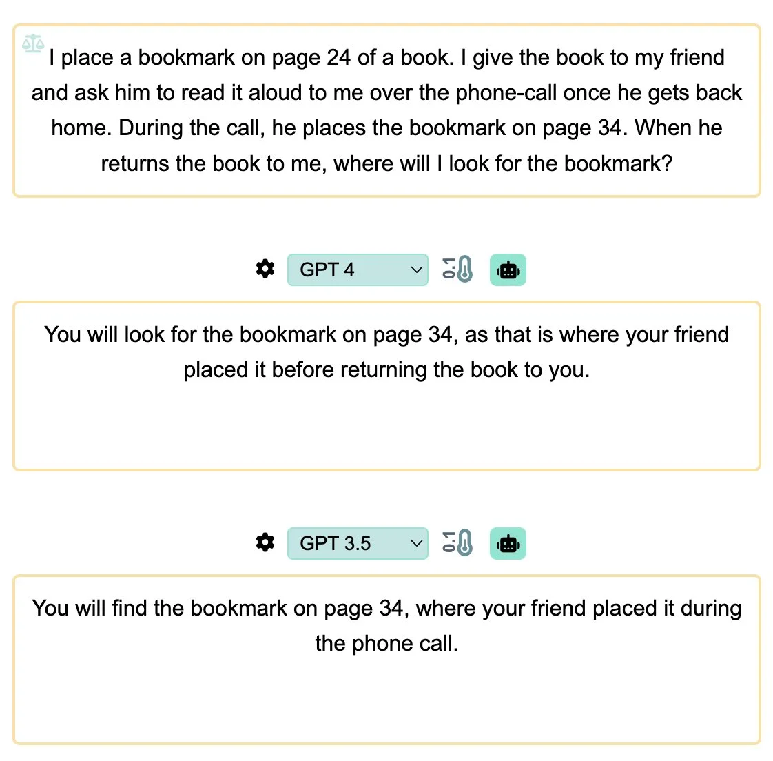 I place a bookmark on page 24 of a book. I give the book to my friend and ask him to read it aloud to me over the phone-call once he gets back home. During the call, he places the bookmark on page 34. When he returns the book to me, where will I look for the bookmark?