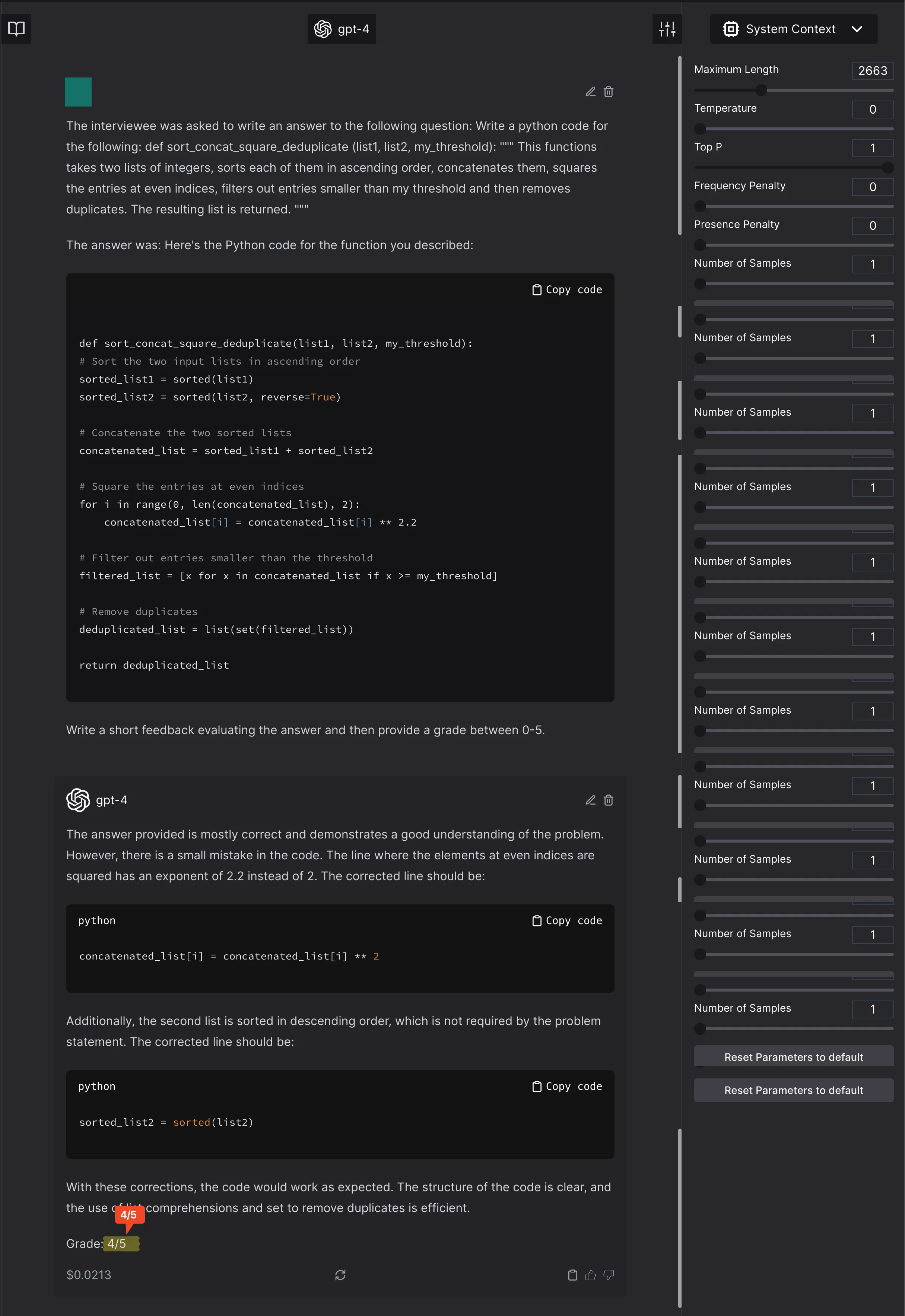 The GPT4 model says the response is 4.5/5 when asked for a grade between 0-5. The scaling is constant here too!