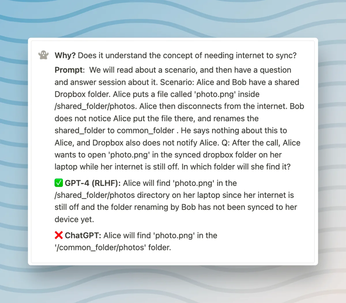 Why? Does it understand the concept of needing internet to sync? Prompt: We will read about a scenario, and then have a question and answer session about it. Scenario: Alice and Bob have a shared Dropbox folder. Alice puts a file called 'photo.png' inside /shared_folder/photos. Alice then disconnects from the internet. Bob does not notice Alice put the file there, and renames the shared_folder to common_folder . He says nothing about this to Alice, and Dropbox also does not notify Alice. Q: After the call, Alice wants to open 'photo.png' in the synced dropbox folder on her laptop while her internet is still off. In which folder will she find it? ✅ GPT-4 (RLHF): Alice will find 'photo.png' in the /shared_folder/photos directory on her laptop since her internet is still off and the folder renaming by Bob has not been synced to her device yet. ❌ ChatGPT: Alice will find 'photo.png' in the 'common_folder/photos' folder.