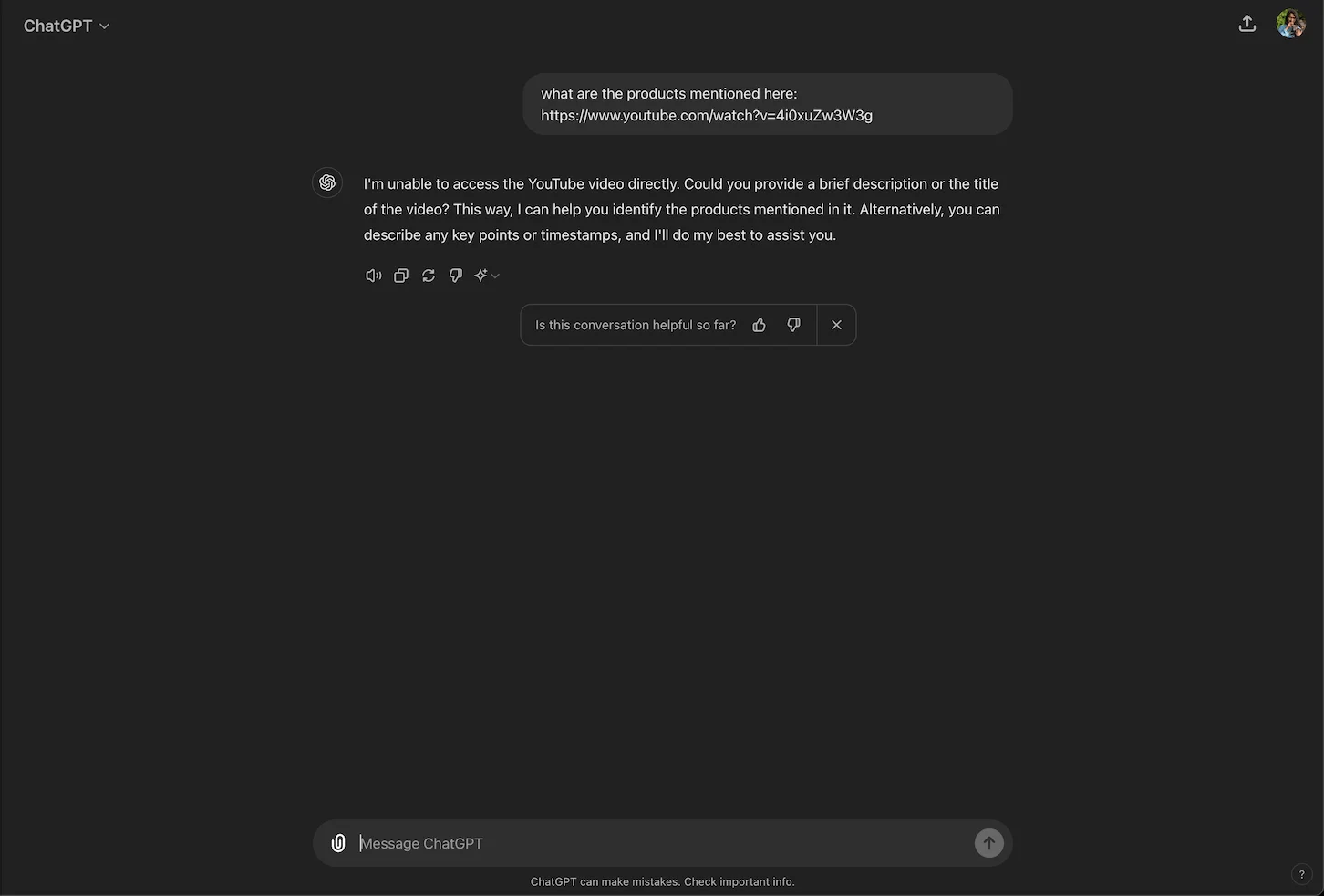 ChatGPT with search enabled is at least honest about not being able to read off youtube content.