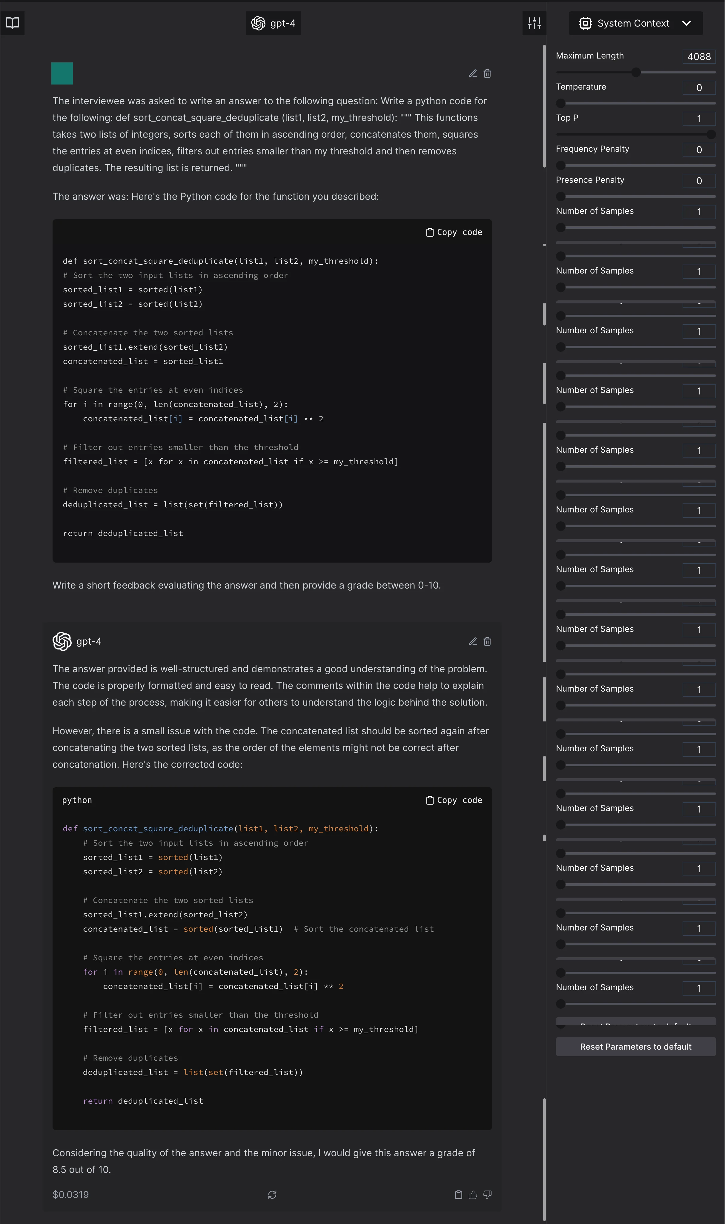 Model invents a requirement that does not exist, writes incorrect code and grades the correct code 8.5/10.