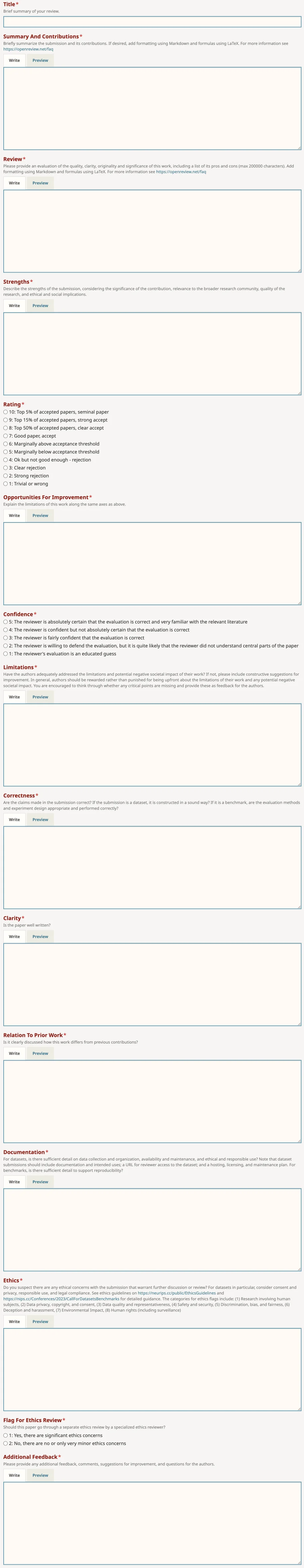 All fields in Neurips Datasets and Benchmarking review: Title, Summary And Conclusions, Review, Biography, Rating, Opportunities For Improvement, Confidence, Limitations, Conclusions, Clarity, Relation To Prior Work, Reproducibility, Ethics, Flag For Ethics Review.