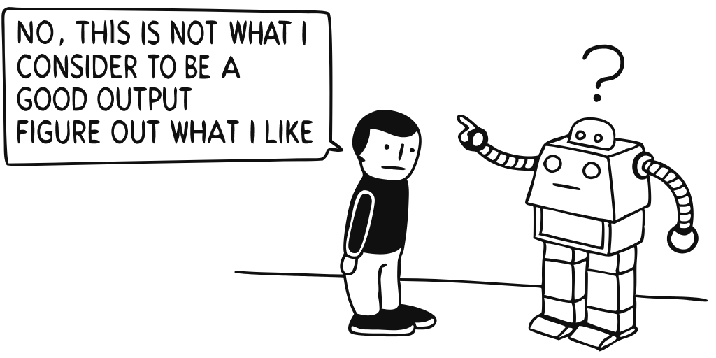 Prompt: a meme about a human telling the robot "no, this is not what i consider to be a good output, figure out what I like”.
Background removal removed “I” in “This” though, so I had to draw it back.